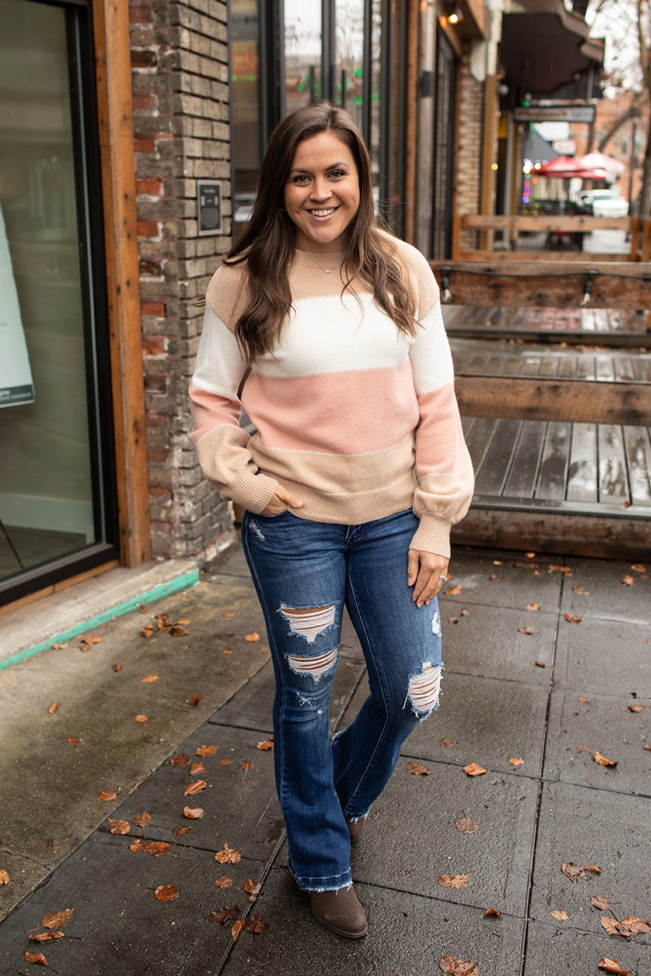 Taupe Ivory Pink Colorblocked Pullover Sweater (SM-XL)