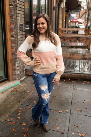 Taupe Ivory Pink Colorblocked Pullover Sweater (SM-XL)