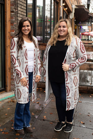 Oatmeal Brown Aztec Lightweight Long Cardigan (SM-2X)