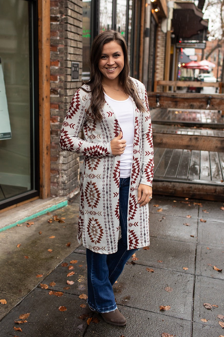 Oatmeal Brown Aztec Lightweight Long Cardigan (SM-2X)