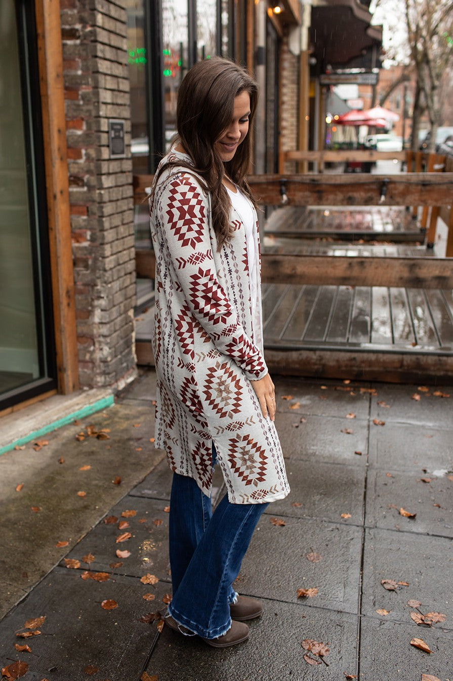 Oatmeal Brown Aztec Lightweight Long Cardigan (SM-2X)