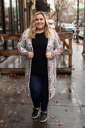 Oatmeal Brown Aztec Lightweight Long Cardigan (SM-2X)