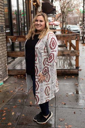 Oatmeal Brown Aztec Lightweight Long Cardigan (SM-2X)