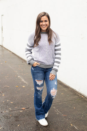 Gray Striped Cable Knit Pullover Sweater (SM-2X)