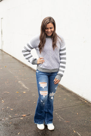 Gray Striped Cable Knit Pullover Sweater (SM-2X)