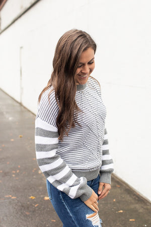 Gray Striped Cable Knit Pullover Sweater (SM-2X)