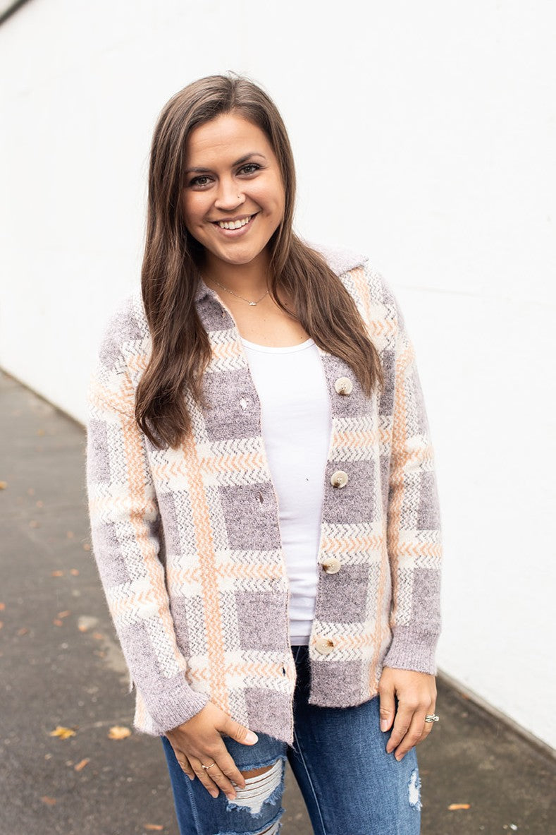 Purple & Peach Plaid Sweater Jacket (SM-XL)