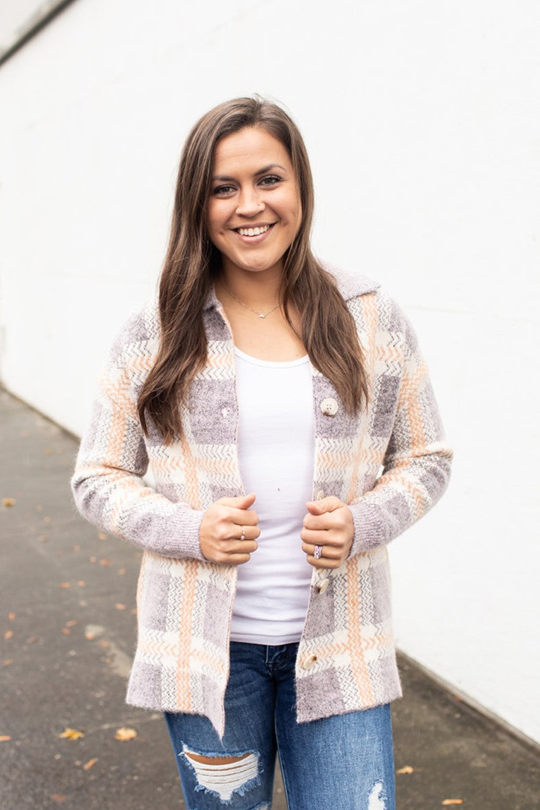 Purple & Peach Plaid Sweater Jacket (SM-XL)