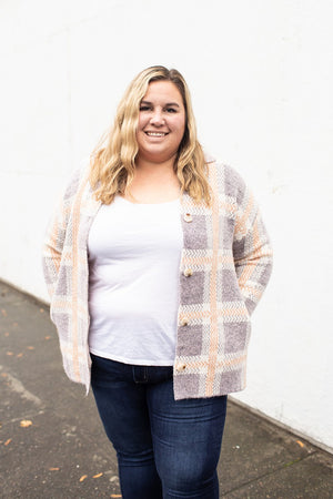 Purple & Peach Plaid Sweater Jacket (SM-XL)