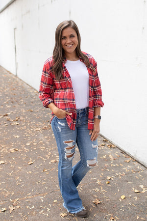 Red Plaid Oversized Crinkle Button Up LS