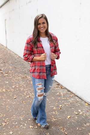 Red Plaid Oversized Crinkle Button Up LS