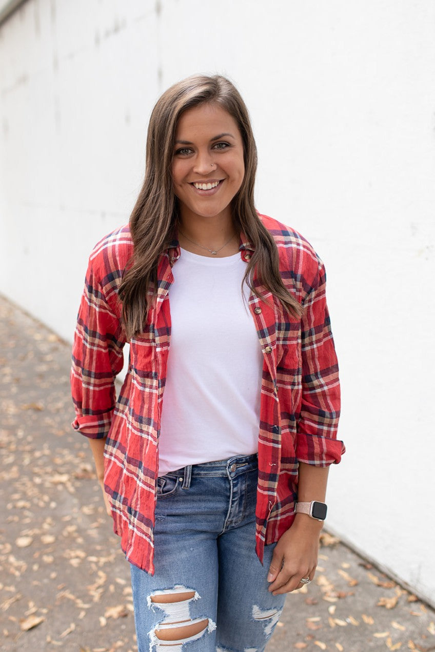 Red Plaid Oversized Crinkle Button Up LS