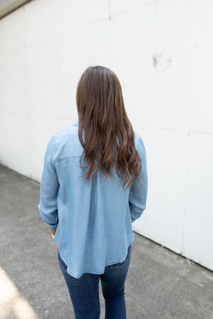 Chambray Roll Tab Button Up LS Top