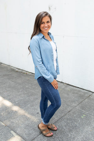 Chambray Roll Tab Button Up LS Top