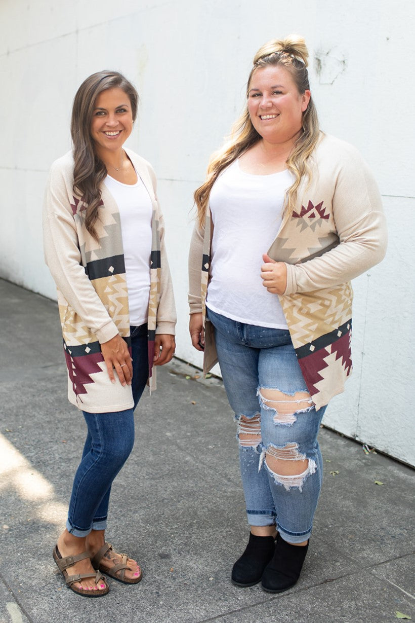 Khaki Burgundy Aztec Lightweight Cardigan