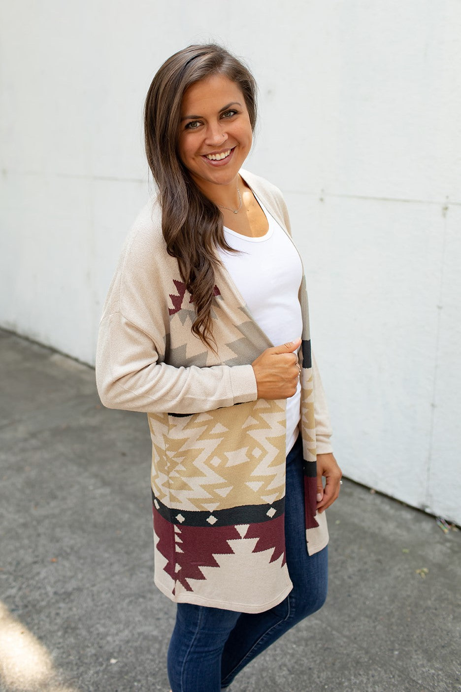 Khaki Burgundy Aztec Lightweight Cardigan