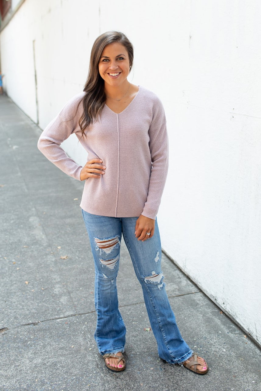 Latte Pink Oversized Vneck Mini Waffle LS (SM-XL)