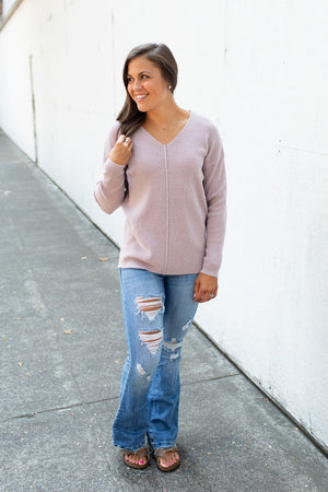 Latte Pink Oversized Vneck Mini Waffle LS (SM-XL)