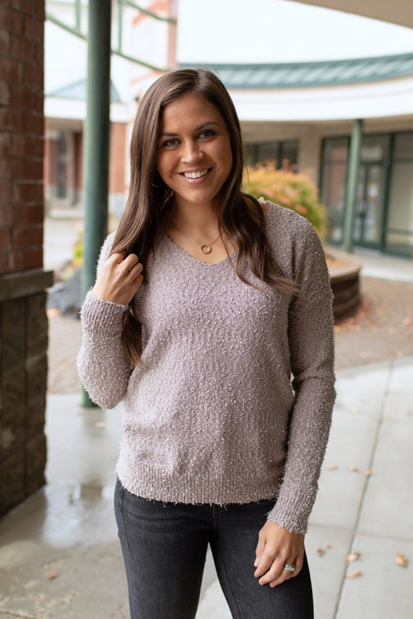 Taupe Tinsel Vneck Knit Sweater