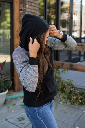 Black Plaid Fleece Crossover Hoodie (SM-XL)