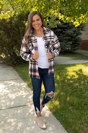 Navy Orange Ivory Plaid Button Up Flannel Shacket