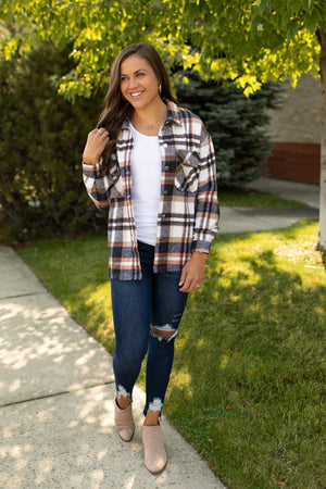 Navy Orange Ivory Plaid Button Up Flannel Shacket