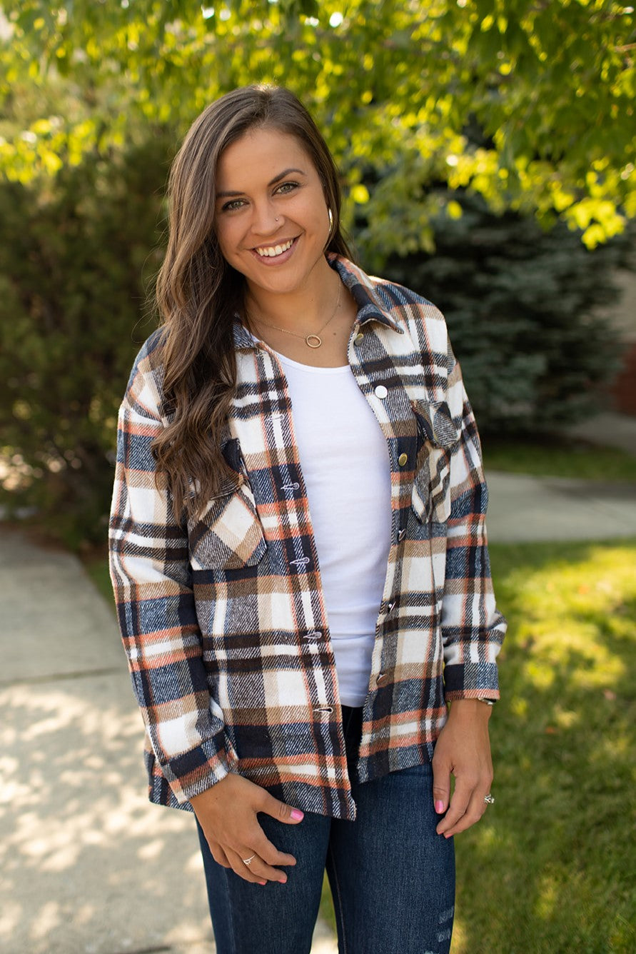 Navy Orange Ivory Plaid Button Up Flannel Shacket