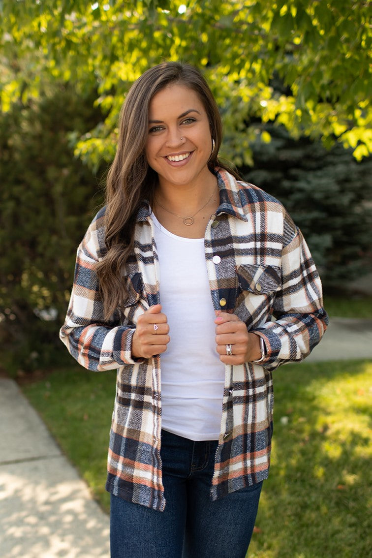 Navy Orange Ivory Plaid Button Up Flannel Shacket