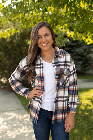 Navy Orange Ivory Plaid Button Up Flannel Shacket