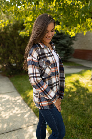 Navy Orange Ivory Plaid Button Up Flannel Shacket