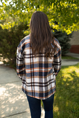 Navy Orange Ivory Plaid Button Up Flannel Shacket