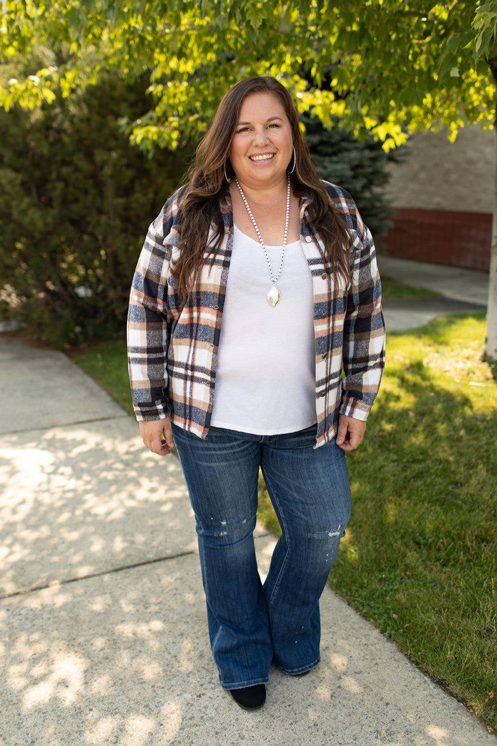 Navy Orange Ivory Plaid Button Up Flannel Shacket