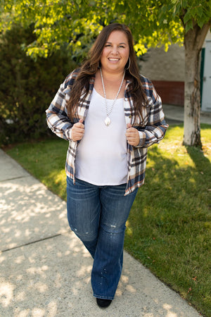 Navy Orange Ivory Plaid Button Up Flannel Shacket