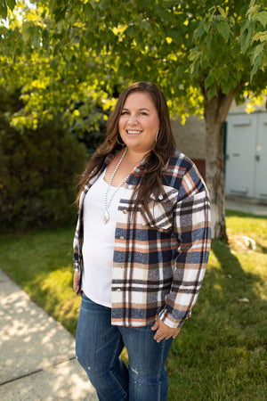 Navy Orange Ivory Plaid Button Up Flannel Shacket