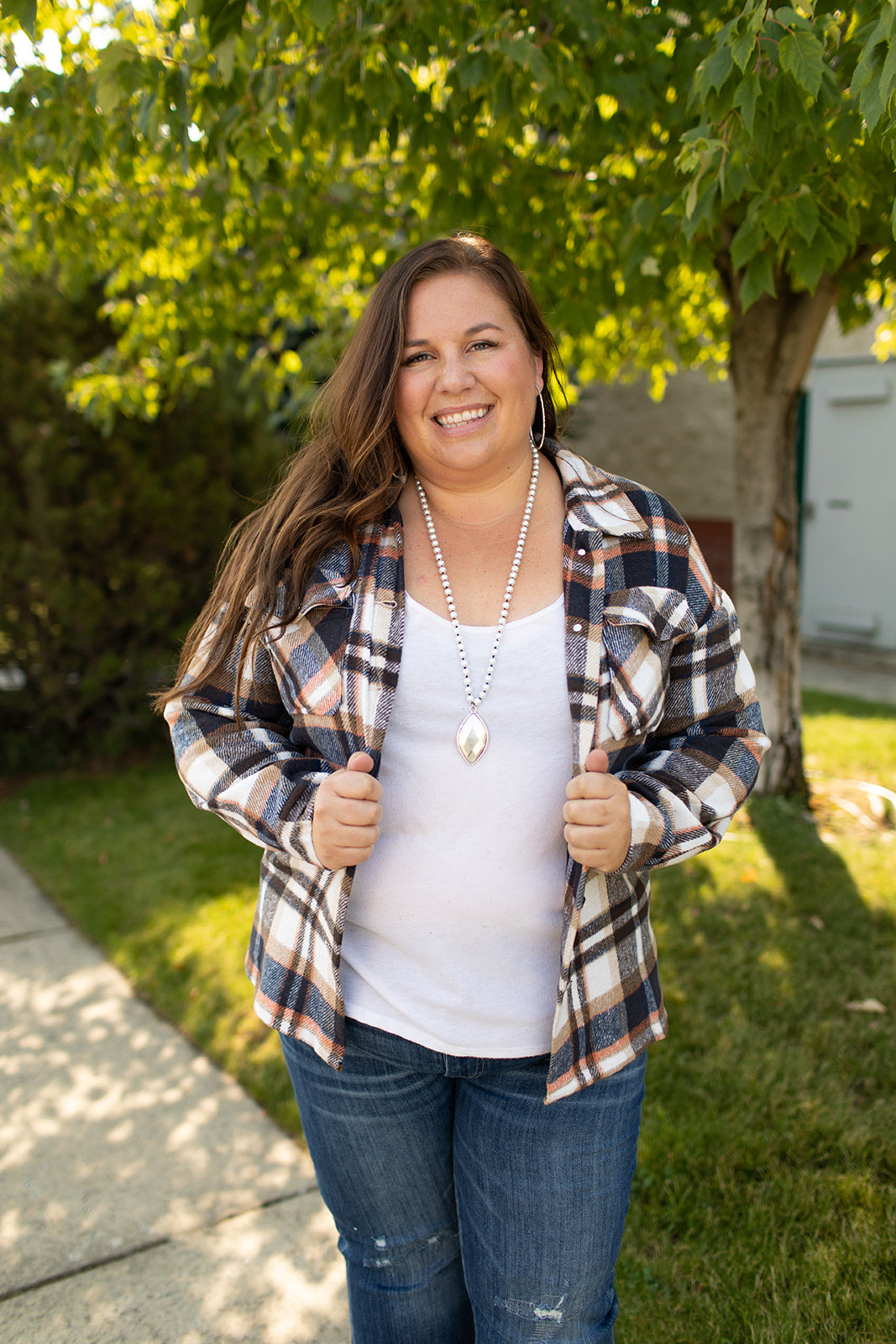 Navy Orange Ivory Plaid Button Up Flannel Shacket