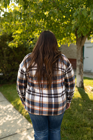 Navy Orange Ivory Plaid Button Up Flannel Shacket