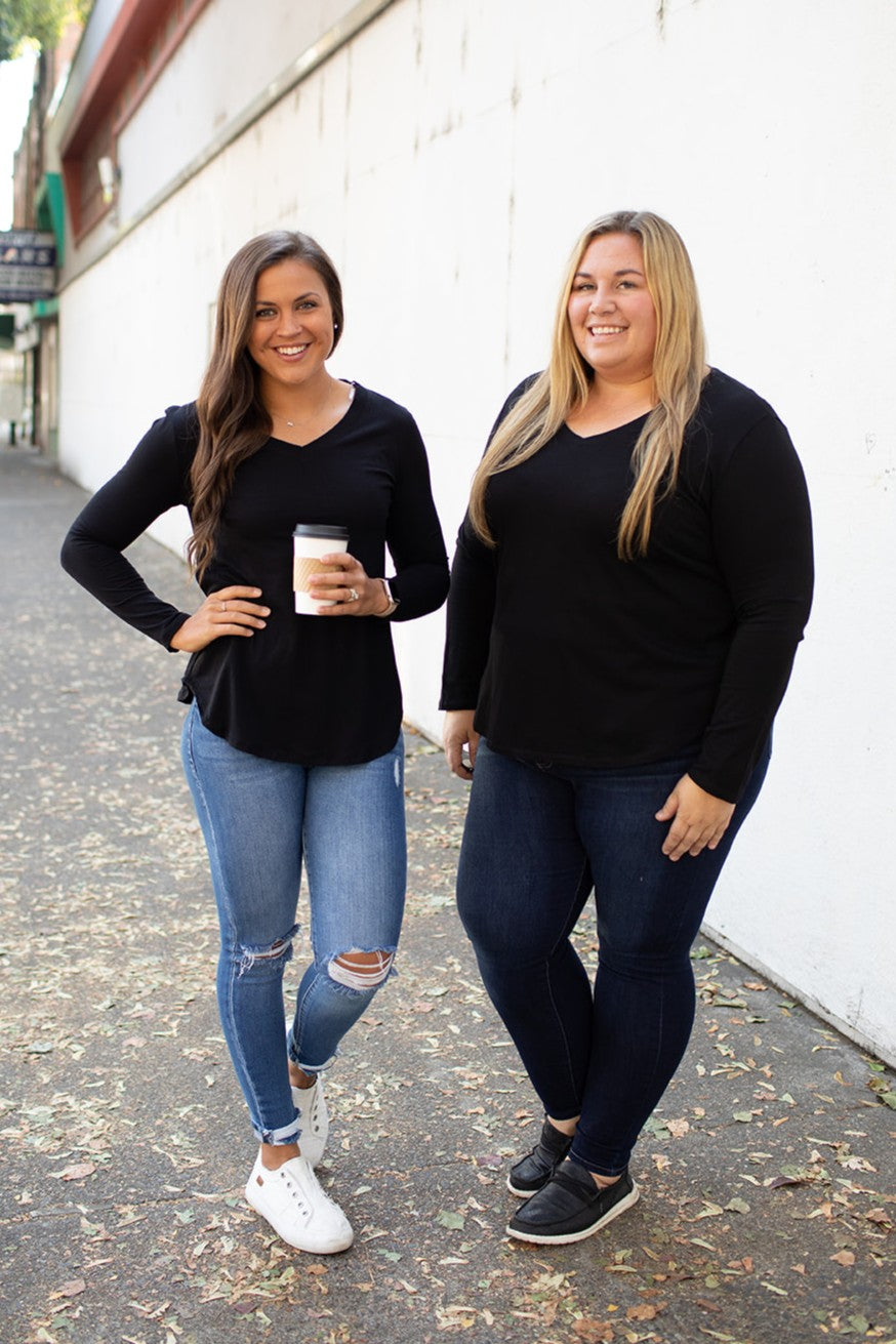 Black Vneck Loose Long Sleeve Basic Tee (SM-3X)