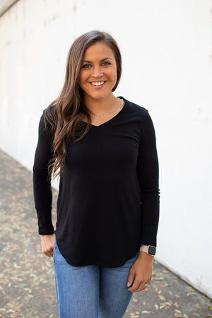 Black Vneck Loose Long Sleeve Basic Tee (SM-3X)