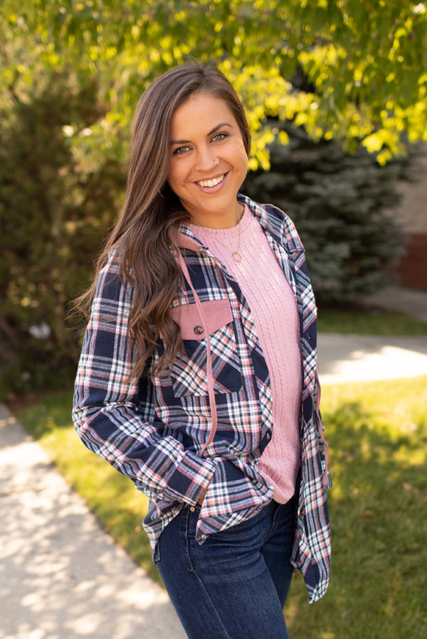 Navy Pink Plaid Button Up Hooded Flannel (SM-XL) - STB Boutique