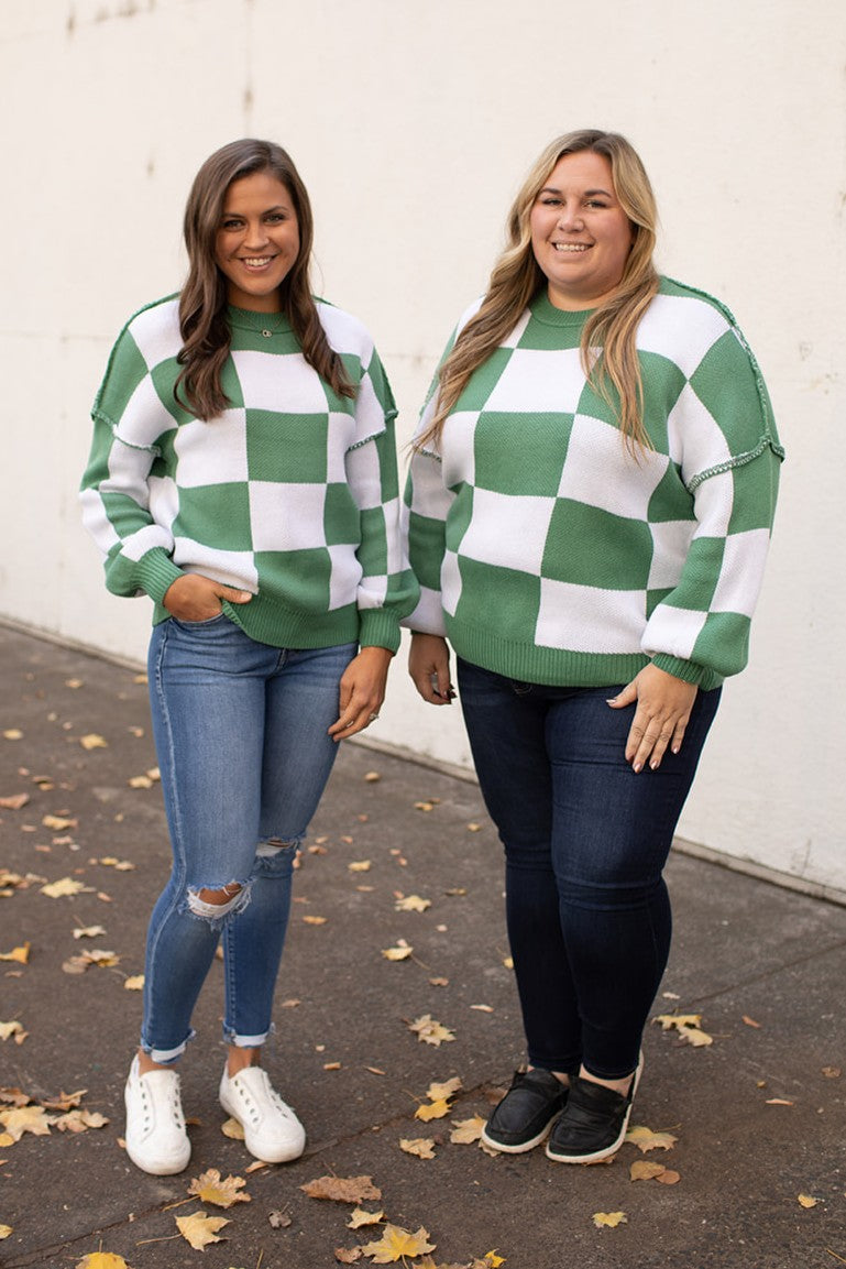 Green Checkered Oversized Pullover Sweater (SM-2X)