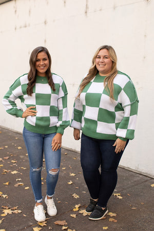 Green Checkered Oversized Pullover Sweater (SM-2X)