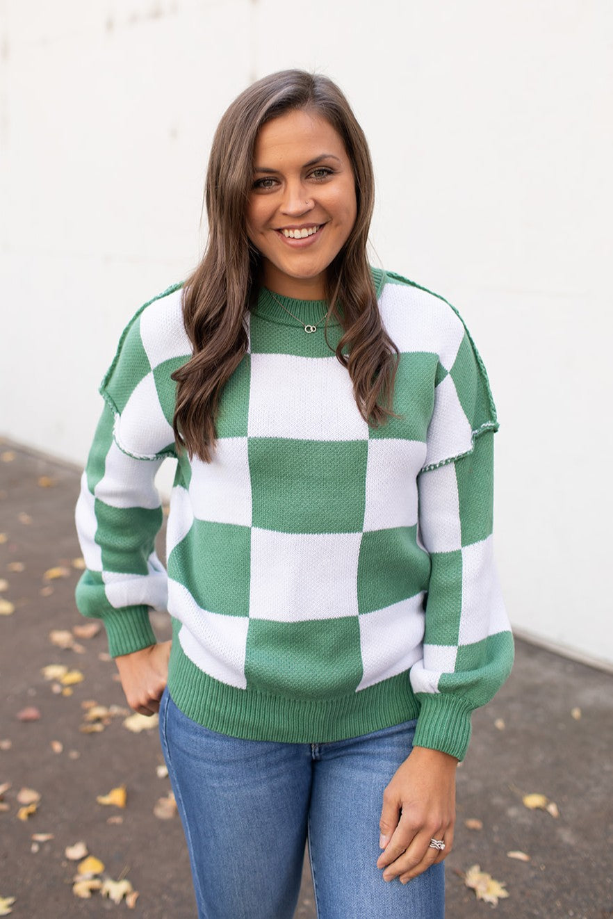 Green Checkered Oversized Pullover Sweater (SM-2X)