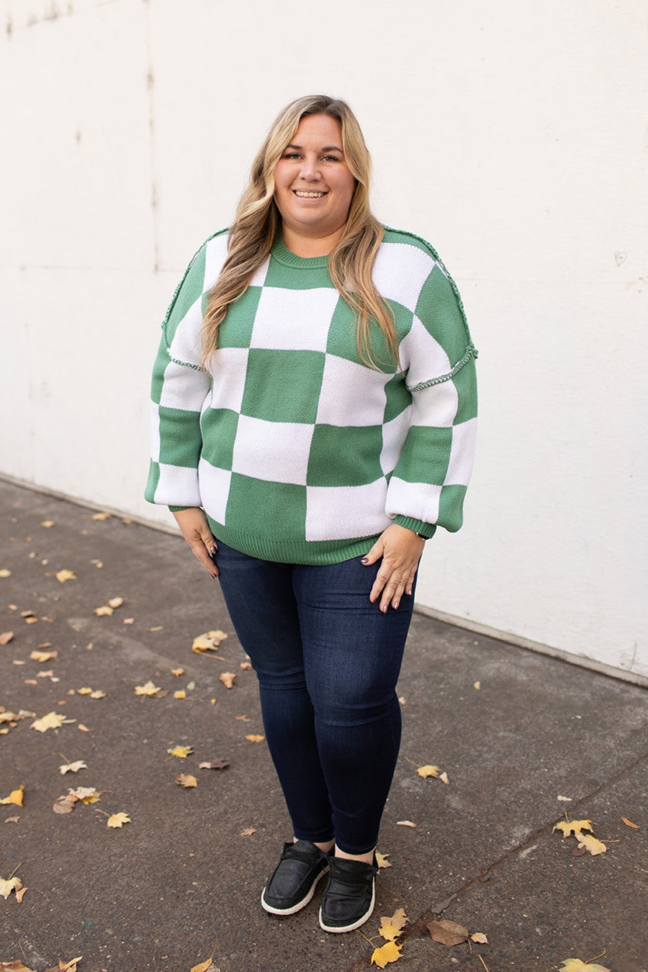 Green Checkered Oversized Pullover Sweater (SM-2X)