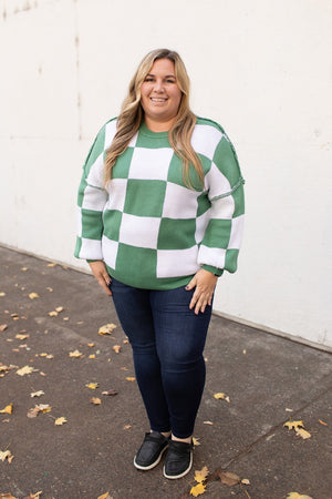 Green Checkered Oversized Pullover Sweater (SM-2X)