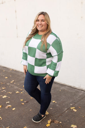 Green Checkered Oversized Pullover Sweater (SM-2X)