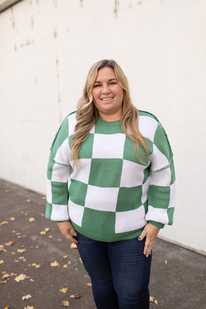 Green Checkered Oversized Pullover Sweater (SM-2X)