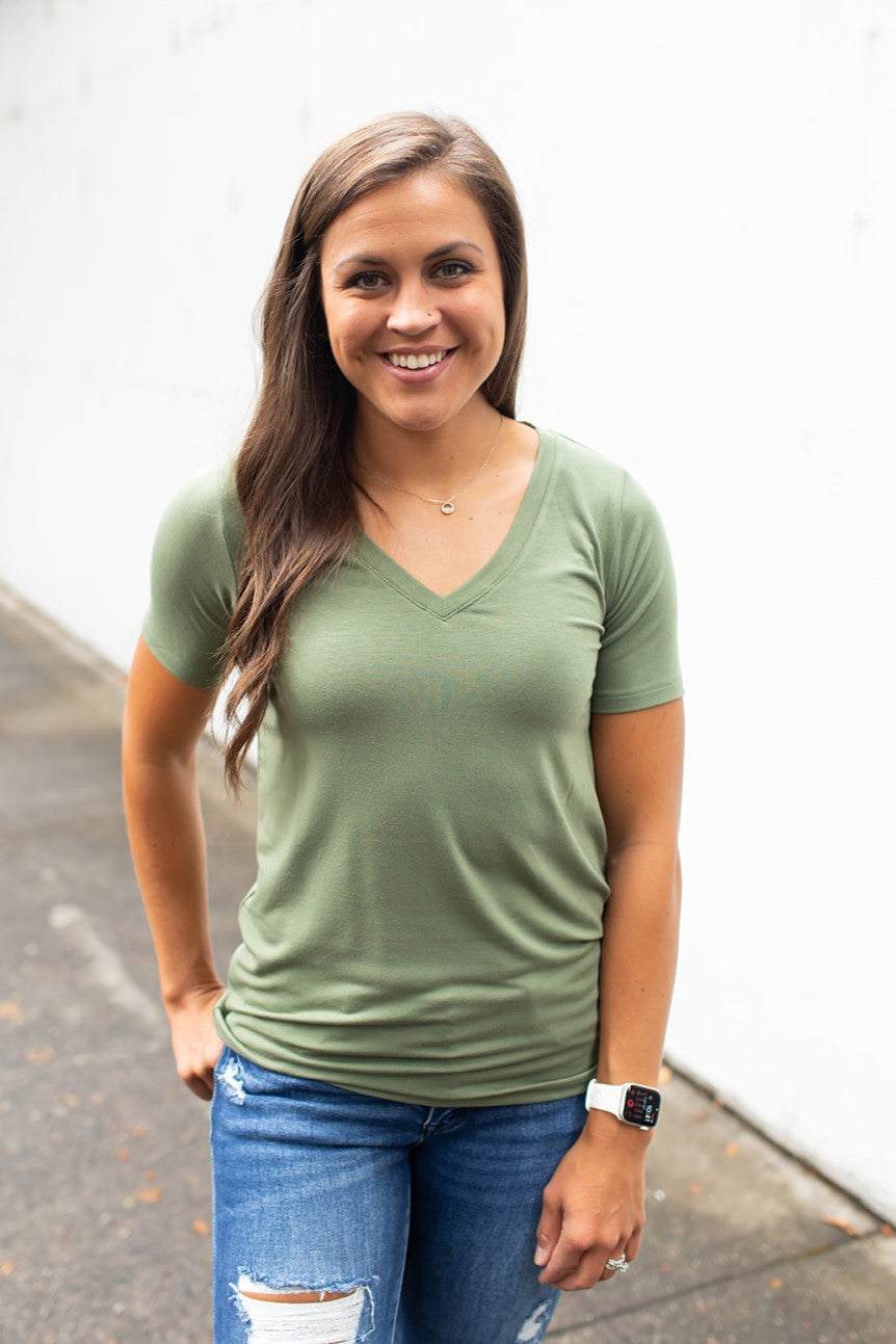 Lt Olive Basic Vneck Tee (SM-3X)