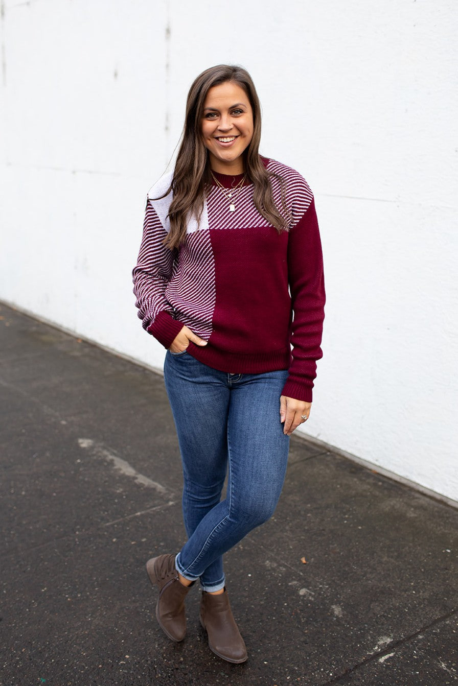 Burgundy Blocked Pullover Sweater (SM-XL)