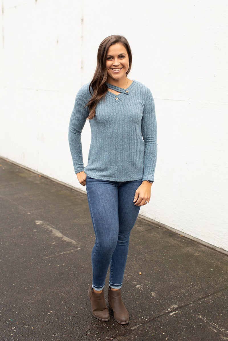 Blue Button Vneck Ribbed Sweater LS (SM-2X)