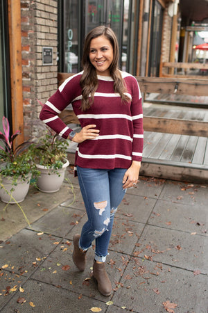 Dk Burgundy Striped Lightweight Oversized Hi Lo Sweater